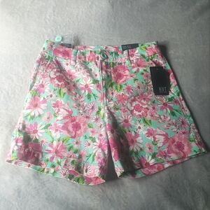 NWT KUT FROM THE KLOTH PINK - GREEN FLORAL HIGH RISE TROUSER SHORT
